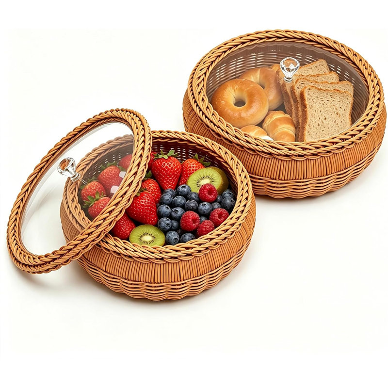 2 Pack Round Fruit Bowl with Lid, Woven Wicker Basket for Bread & Snacks