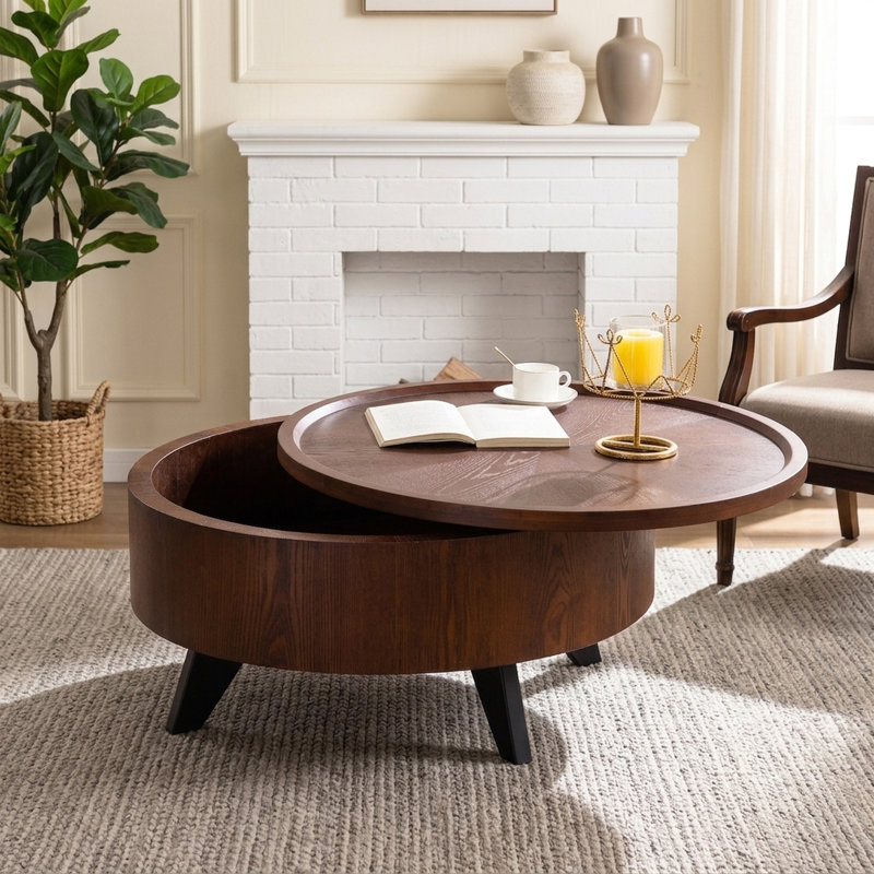 Table basse ronde moderne Mid-Century avec rangement rabattable et plateau en bois massif