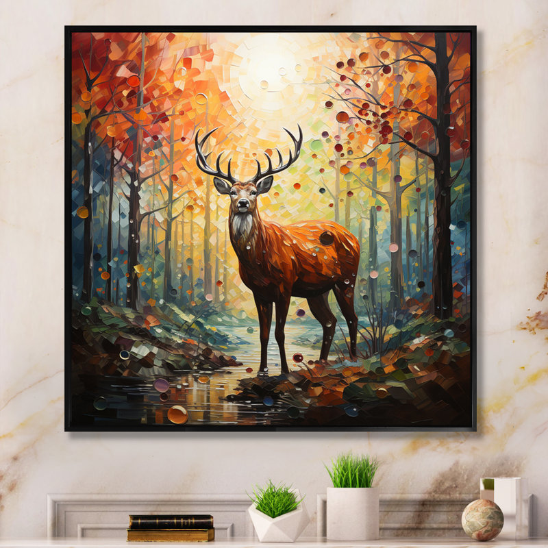 «Animal Deer Harmony in Forest II», reproduction sur toile tendue, 30" H x 30" W, Cadre flottant noir