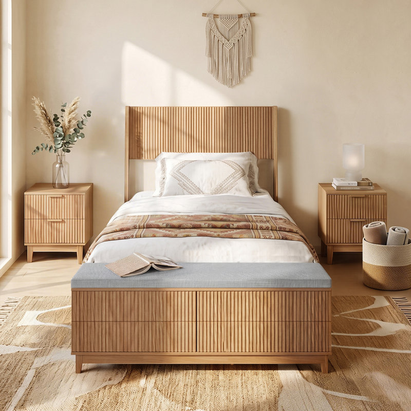 Structure de lit simple en bois de chêne naturel avec banc de rangement intégré au pied de lit, 4 tiroirs, tête de lit, robuste, aucun sommier requis, style Mid-Century moderne