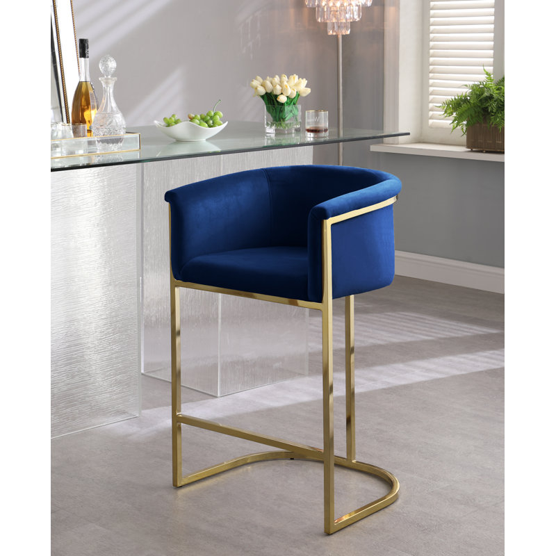 Hani Upholstered Counter Stool with Metal Frame, Navy Velvet