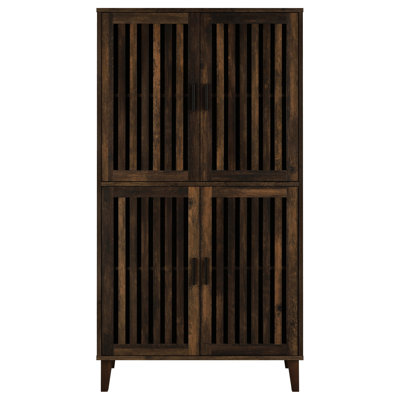 Grande armoire d'appoint à 4 portes en pin foncé, beauté rustique, lattes verticales, idéal pour les salons modernes avec finition, design d'inspiration asiatique, tablettes en bois, multiples espaces de rangement