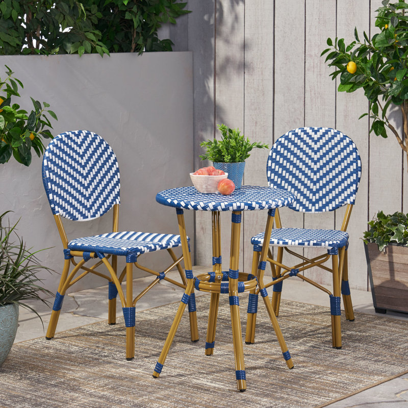 Ensemble bistro français en aluminium bleu marine et blanc 3 pièces