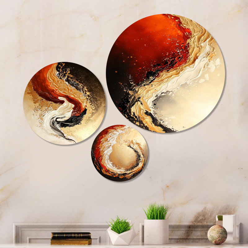 «Red and Golden Desert Wave», ensemble de 3 décorations murales en métal imprimé nature