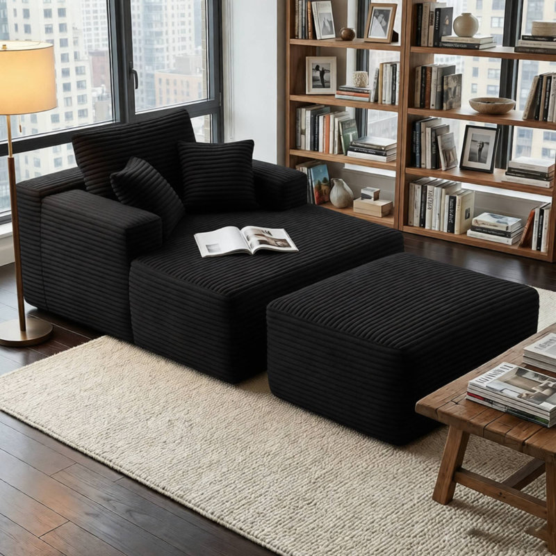 47" Corduroy Compression Sofa with Ottoman, No Assembly Required, Foam & Independent Pocket Springs, Black