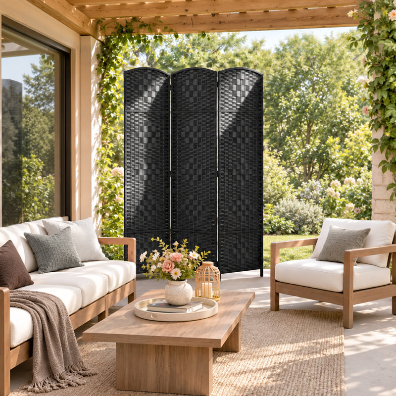Elmina 6 Ft Folding Room Divider Privacy Screen Home Decor Diamond Weave Fibre Double Hinges, 3, Black