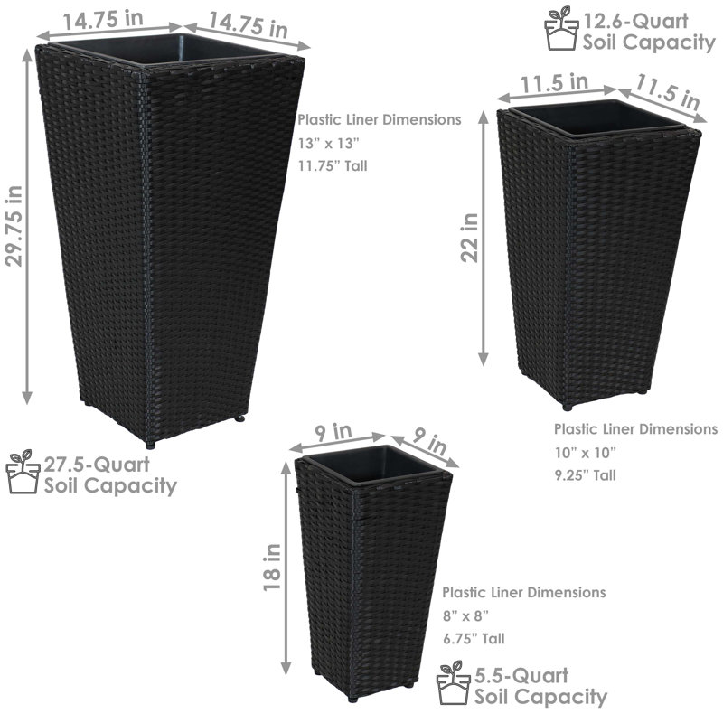 Assorted Square Black Polyrattan Outdoor Basket Planter with Liner 3-Count
