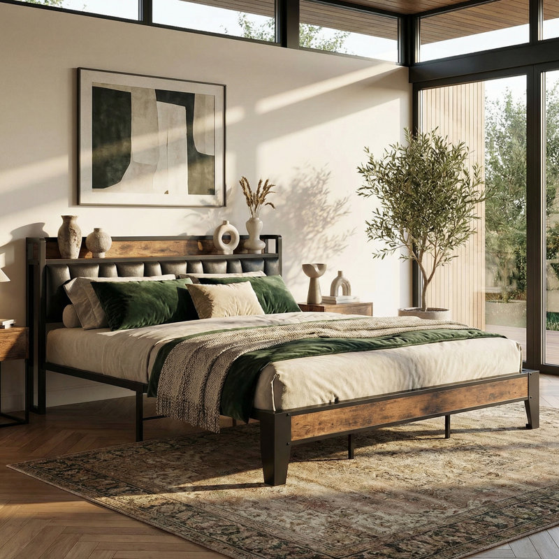 California King Size Bed Frame with Upholstered Platform Bed, Charging Station with Storage Headboard, Black