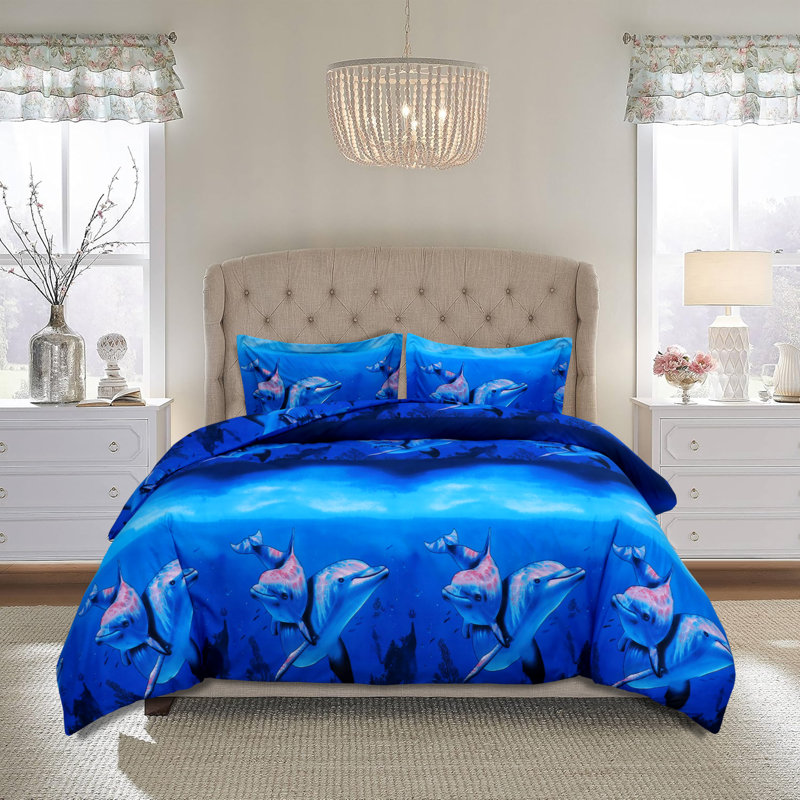 Aspire Homeware 3D Dolphin Printed Complete Bedding Set With Pillowcases & Fitted Sheet