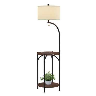 Jona Floor Lamp with End Table - Modern Rustic Side Shelves with USB Charging Port, LED Light Bulb, and Drum-Shaped Shade - Standing Lights