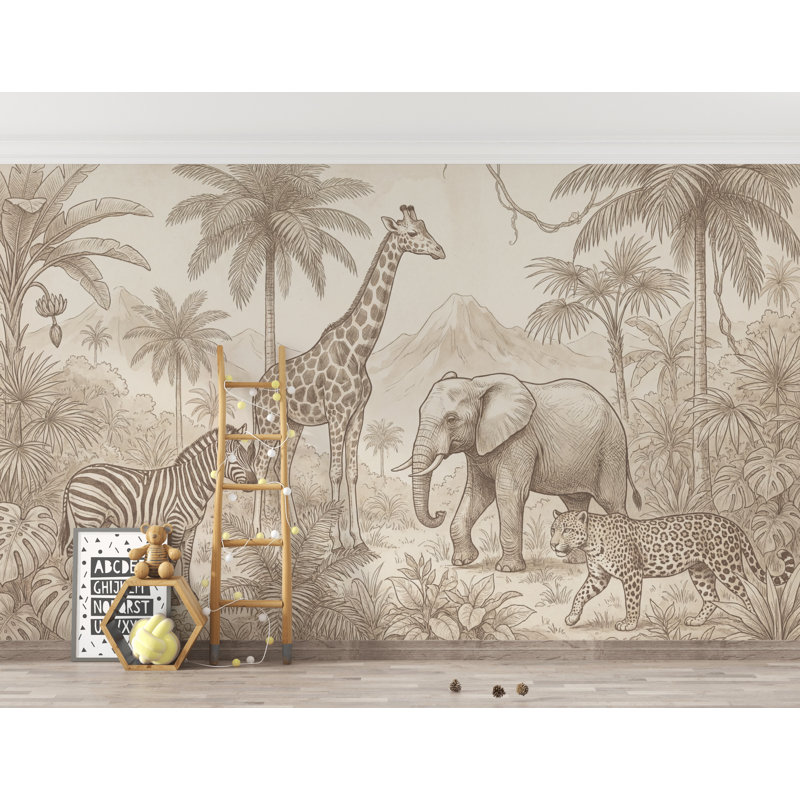 Papier peint safari, girafe, paysage de jungle, L: 210 po x H: 120 po, Non-collé