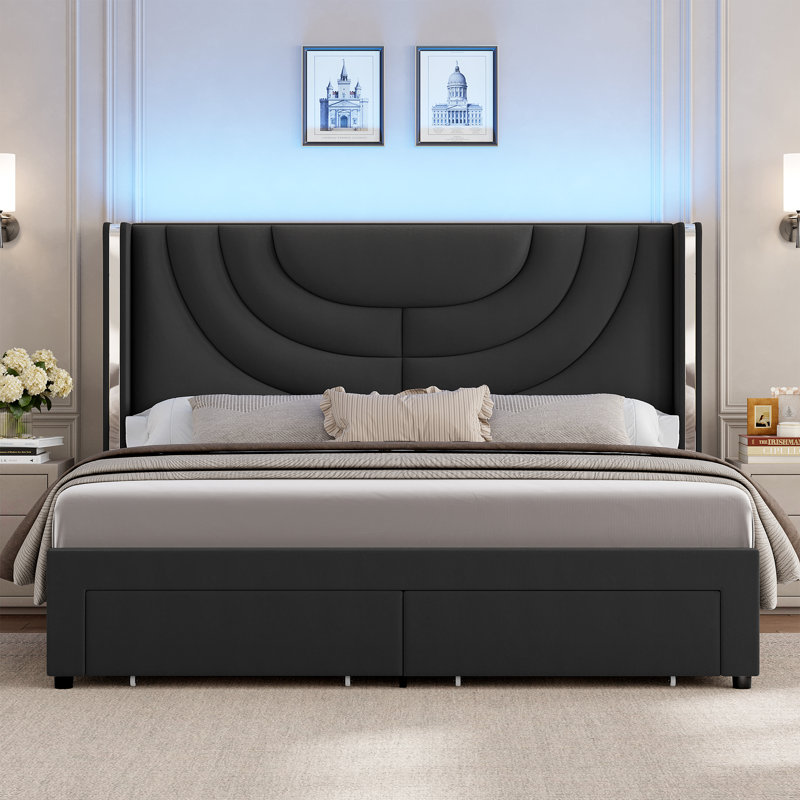 Sturminster Velvet Wingback Upholstered LED Light 2 Drawer Storage Bed, Queen, Black
