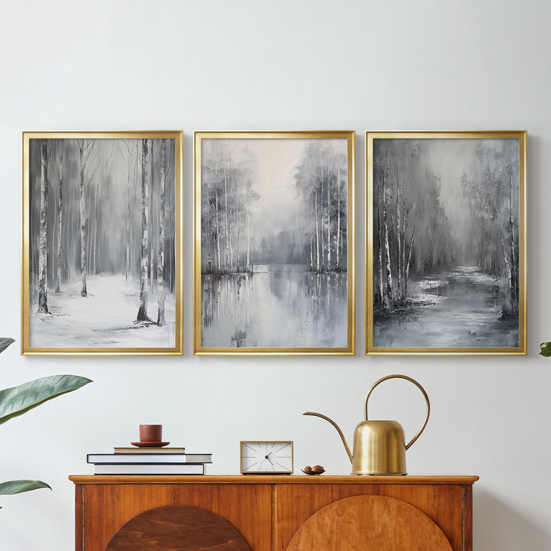 LANDSCAPES Series Lxxxxi - Toile tendue avec châssis sur mesure - 3 pièces, H 30 po x l 63 po, Doré