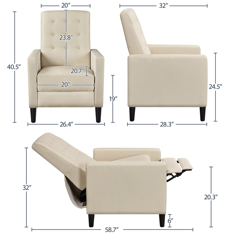 Adysyn Button Tufted Upholstered Manual Push-Back Recliner, Beige 100% Polyester
