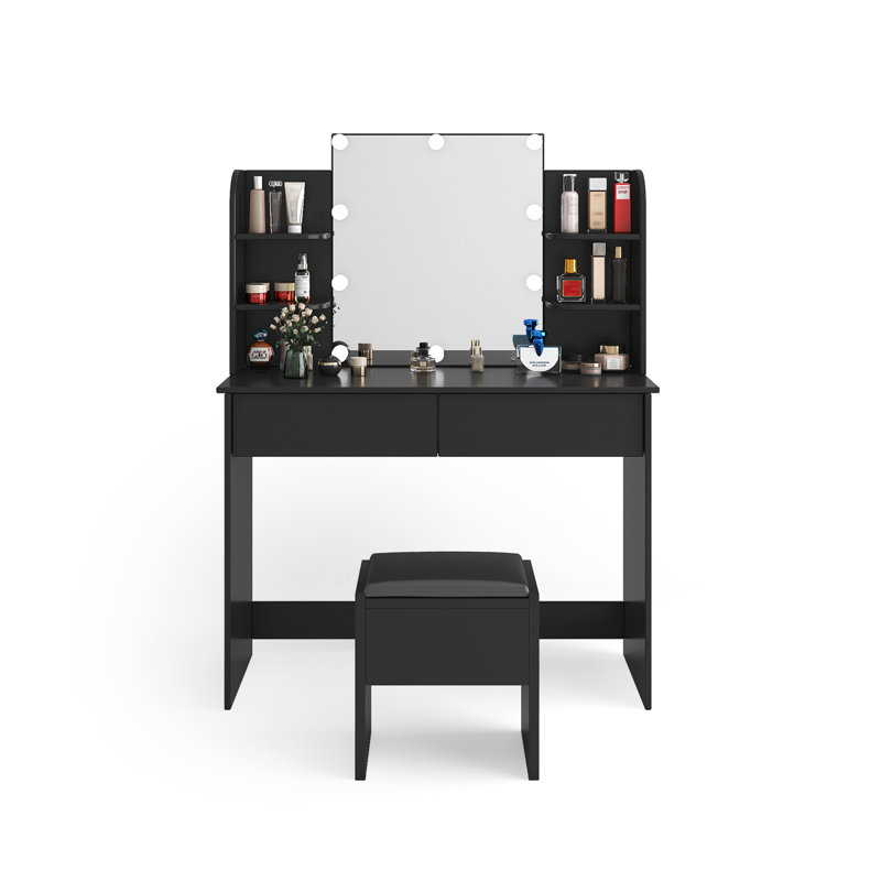 Coiffeuse moderne avec 2 tiroirs et 4 tablettes ouvertes avec miroir, Noir, noir, noir, noir