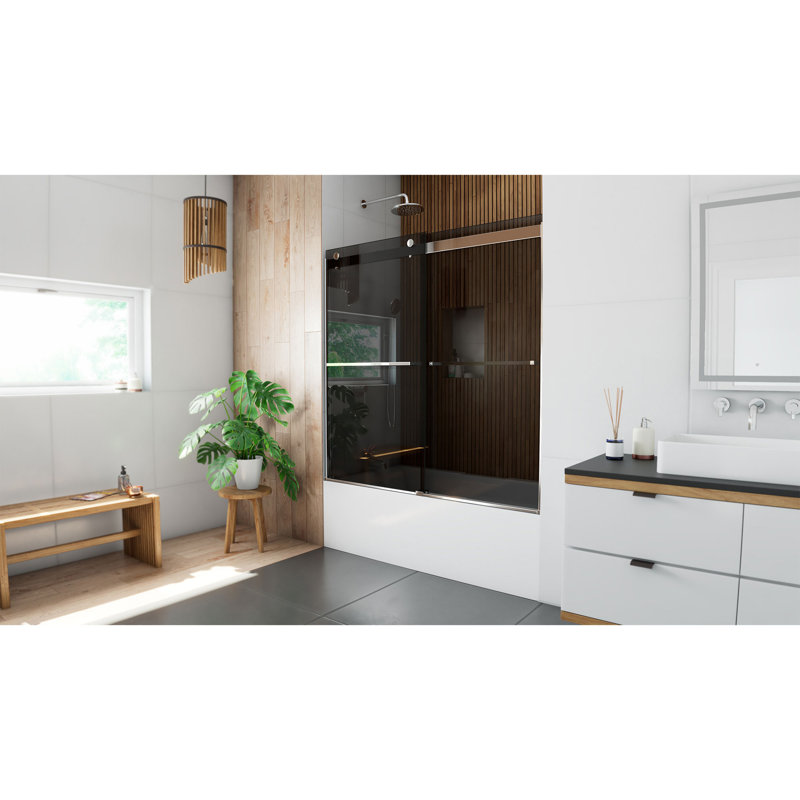 56" - 60" W 60" H Reversible Semi-Frameless Tub Door with ClearMax Technology, Chrome/Smoke Gray
