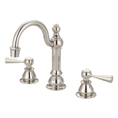American 20th Century Classic Hook Spout Widespread Deck Mount Lavatory Faucets F2-0012 With Pop-Up Drain in Polish Nickel Finish With Metal Lever Handles, Hot And Cold Index Included