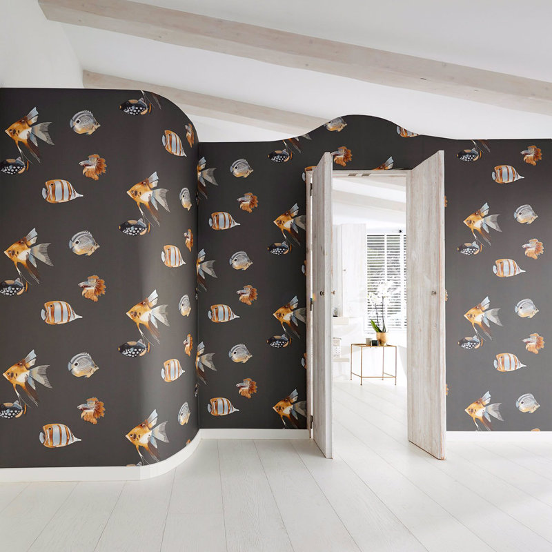 Kamanu 10.05m x 68.6cm Graphite/Mustard Wallpaper Roll, Indigo/Pebble
