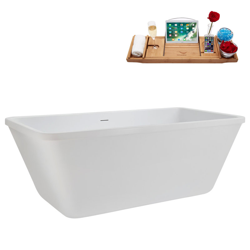 60" Streamline Soaking Glossy White Freestanding Tub and Tray With Internal Drain, Matte Oil Rubbed Bronze