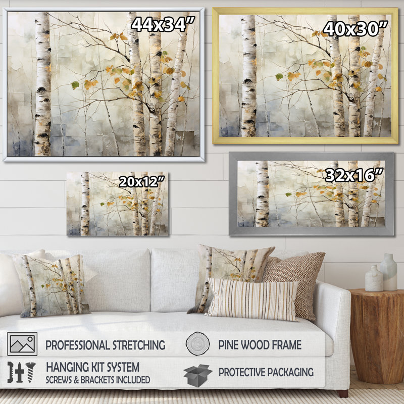 «Beige Silver Birch Tree Beauty I» sur toile, H 16 po x l 32 po x P 1 po, Cadre flottant blanc