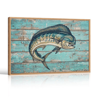 Mahi Mahi Fish on Teal Distressed Wood Canvas Wall Art