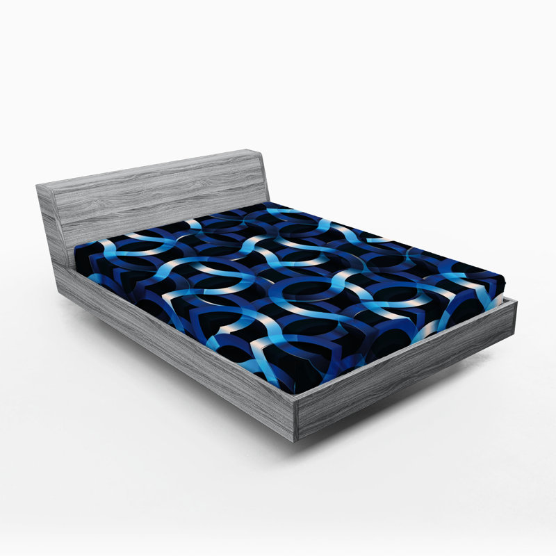 Ambesonne Dark Blue Fitted Sheet 2-Pack Curvy Modern Shapes Blue Dark Blue White, California King Sheet Set