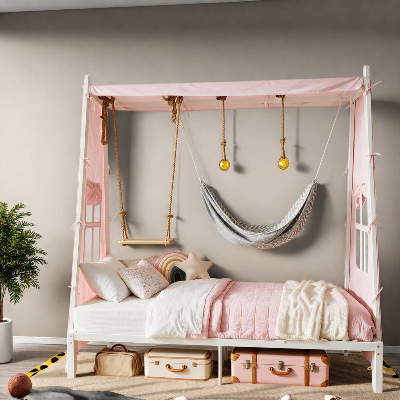 Lits cabane jumeaux en métal avec balançoire, acier blanc, maisonnette de jeu moderne pour enfants