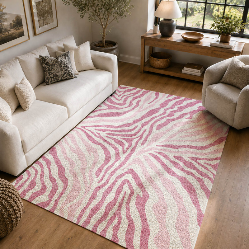 Tapis à imprimé animal de qualité supérieure lavable à la machine Villers, Rose, 10 pi x 14 pi