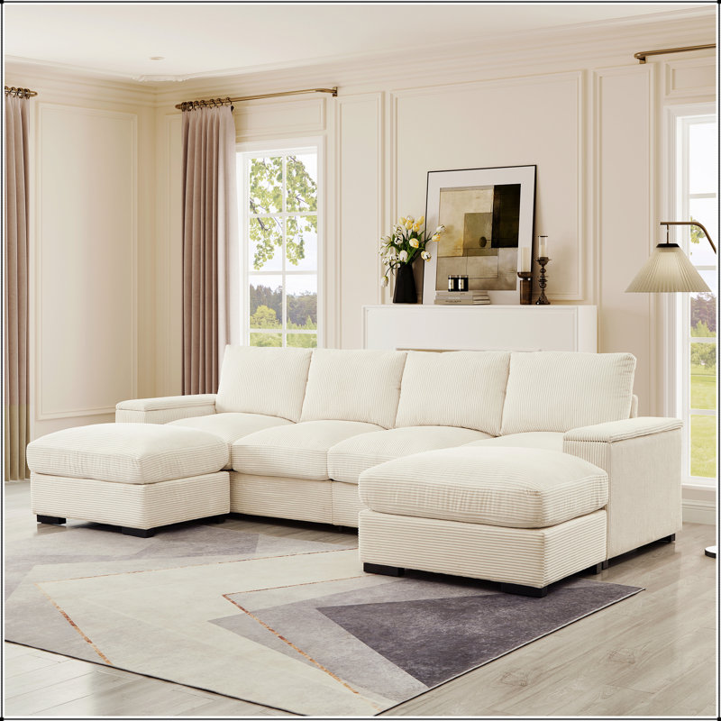 Canapé modulaire à assise profonde avec repose-pieds, canapé-lit en velours côtelé Mobilier rembourré confortable pour salon, appartement, bureau (repose-pieds à 4 et à 2 places, beige)