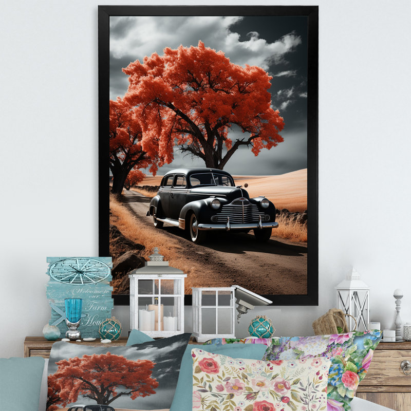 «Vintage Car Road», art mural sur toile floral, H 20 po x l 12 po x P 1 po, Cadre photo noir