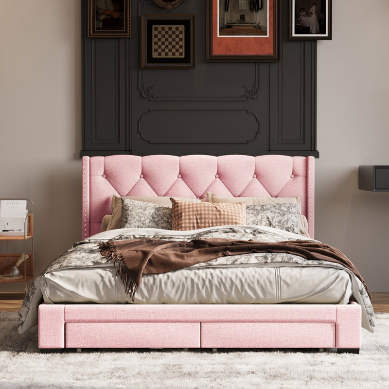Queen Tufted Low Profile Storage Upholstered Wingback Bed - 2 Drawers
