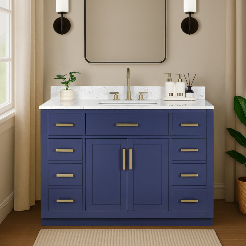 Meuble-lavabo simple 48 po avec tiroir, tablette, prise de courant et plateau en marbre d'ingénierie, Blanc, 48''