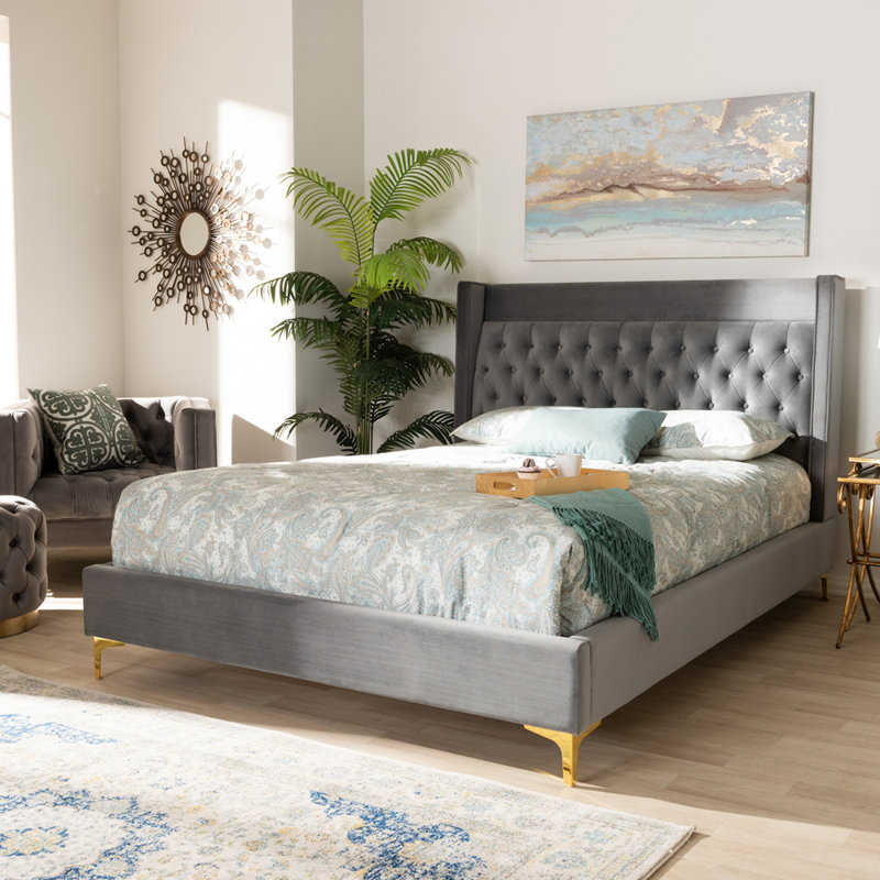 Lit plateforme tapissier Burleson, Grand, Gris foncé