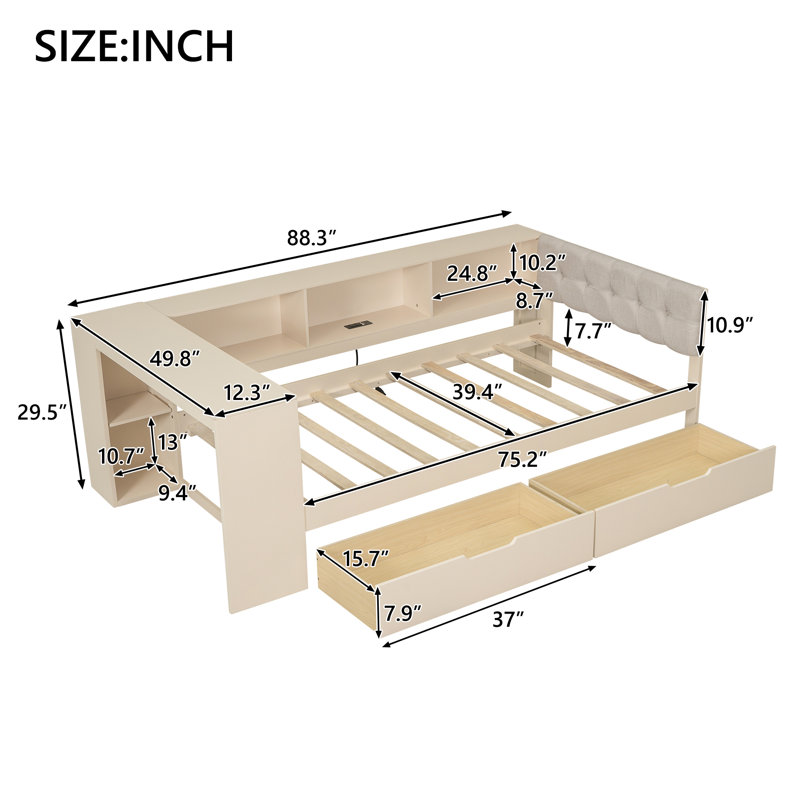 Lit de jour double en bois avec tablettes de rangement, lit multifonctionnel avec lit gigogne simple et bureau d'étude, gris