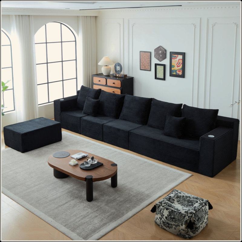 Canapé modulaire profond en velours côtelé avec porte-gobelets, aucun assemblage requis, Noir