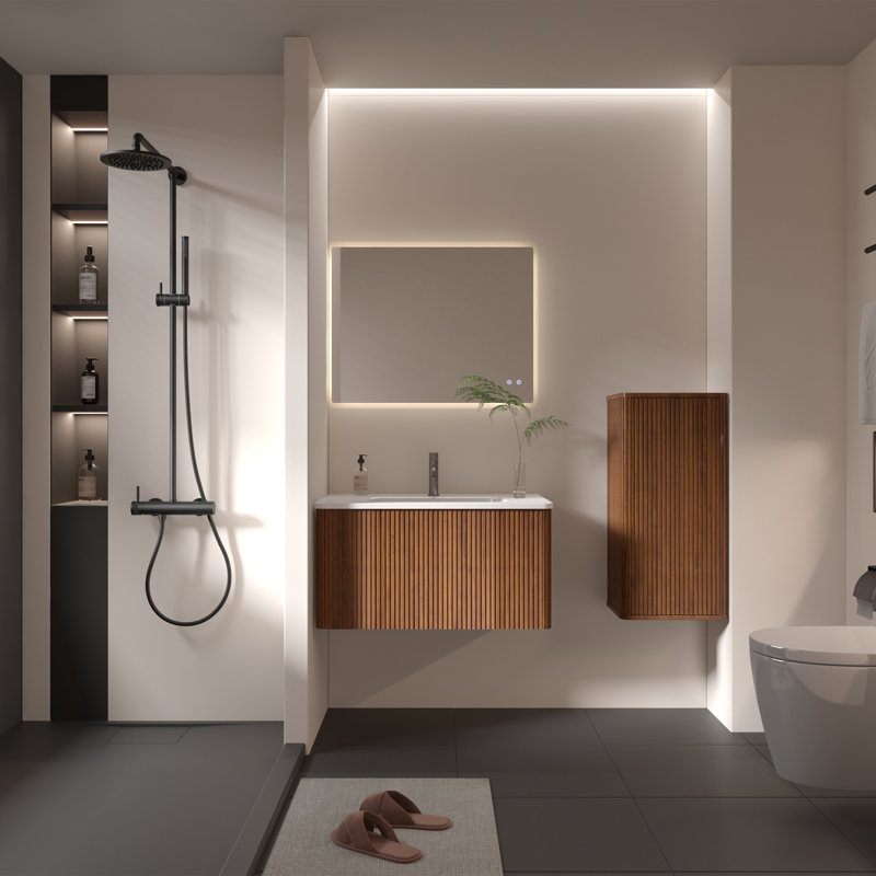 Gustavs Wall Mounted Single Bathroom Vanity with Ceramic Top, Walnut, 30"