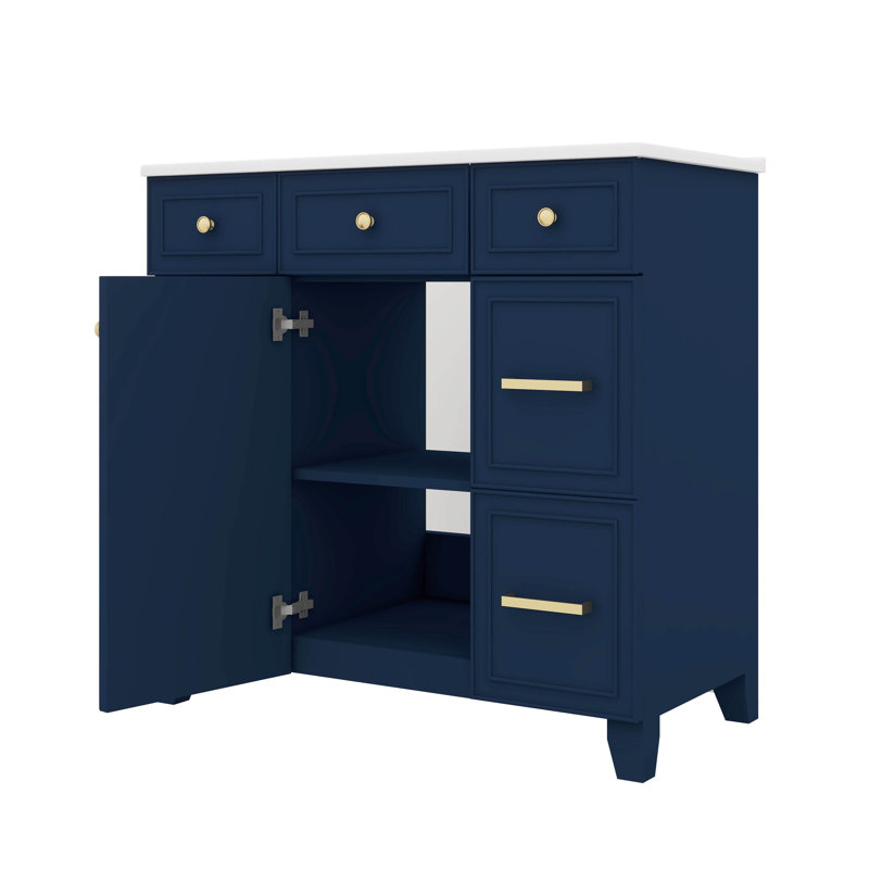 Meuble-lavabo 36 po avec lavabo en céramique robuste et portes polyvalentes avec tablettes et tiroirs spacieux, Bleu