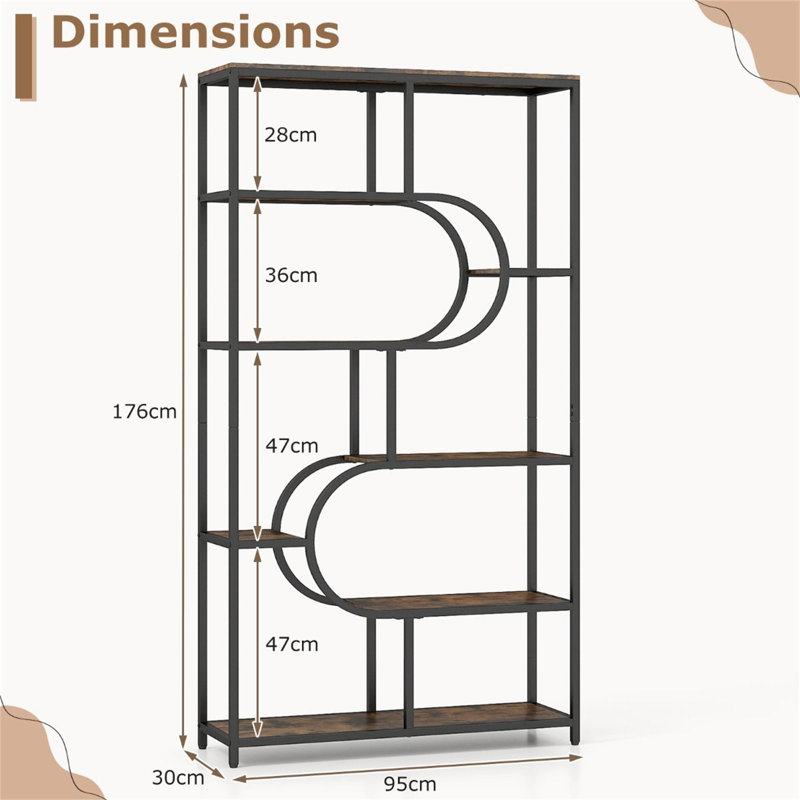 176cm H x 30cm W Metal Standard Bookcase, Brown/Black