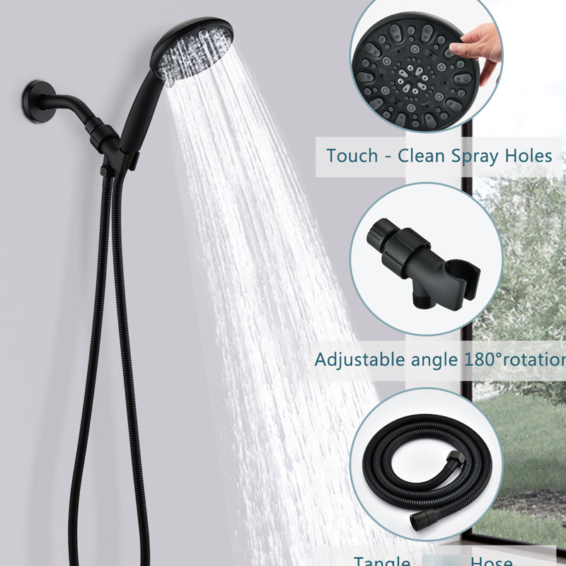 Douche haute noire matte avec 7 motifs de jet et trousse de douche à main facile à installer, motifs, matériau