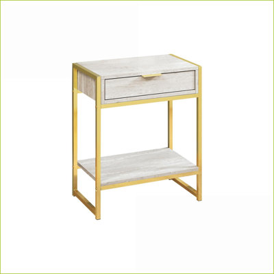 Table basse spacieuse d'aspect marbre avec tiroir en métal doré - polyvalente pour le salon ou la table de chevet