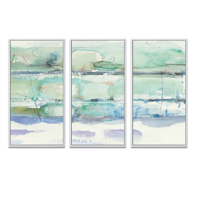 Panneau abstrait bleu I - ensemble d'art mural moderne et contemporain sur toile encadrée, 3 pièces, Blanc