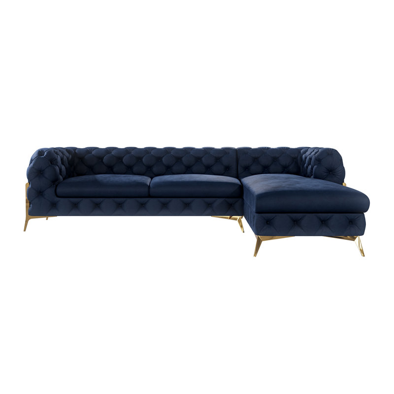 Chesterfield Corner Chaise Sofa  with Gold Metal Legs, Right Hand Facing, Navy Blue