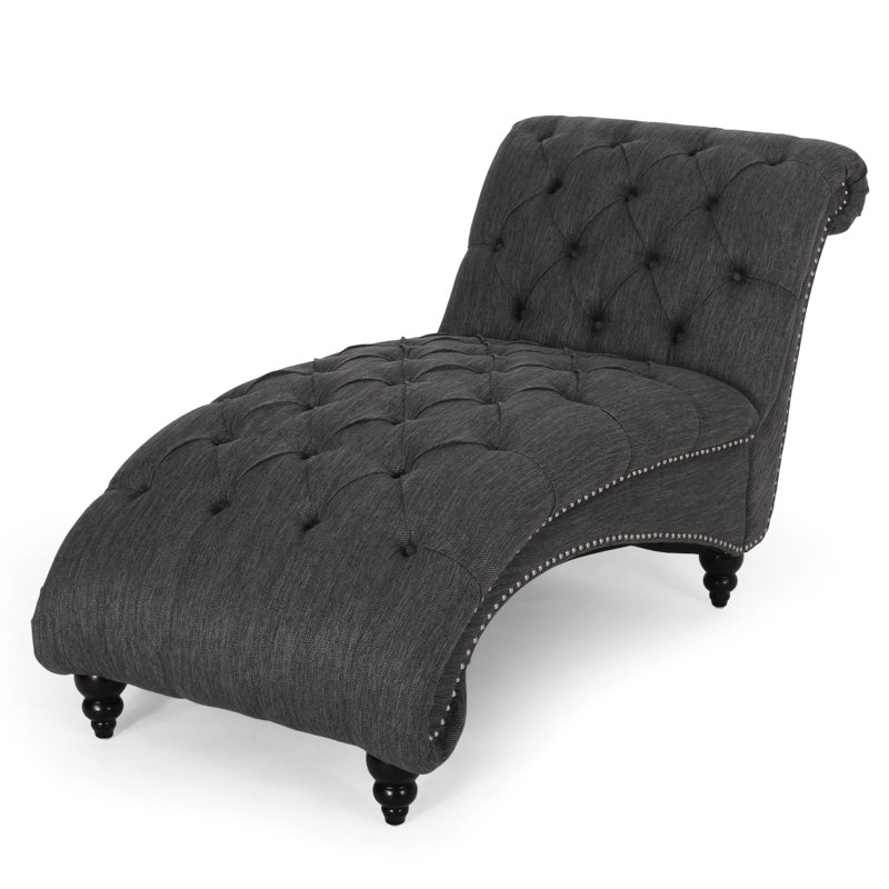 Chaise longue contemporaine, bouton et losange, style sinueux, tissu gris anthracite, pieds en bois de bouleau, conception confortable, couleur
