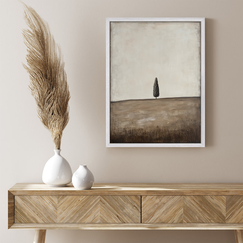 Art mural encadré arbre minimal dans un champ, impression de paysage moderne aux tons neutres pour un décor minimaliste ou scandinave