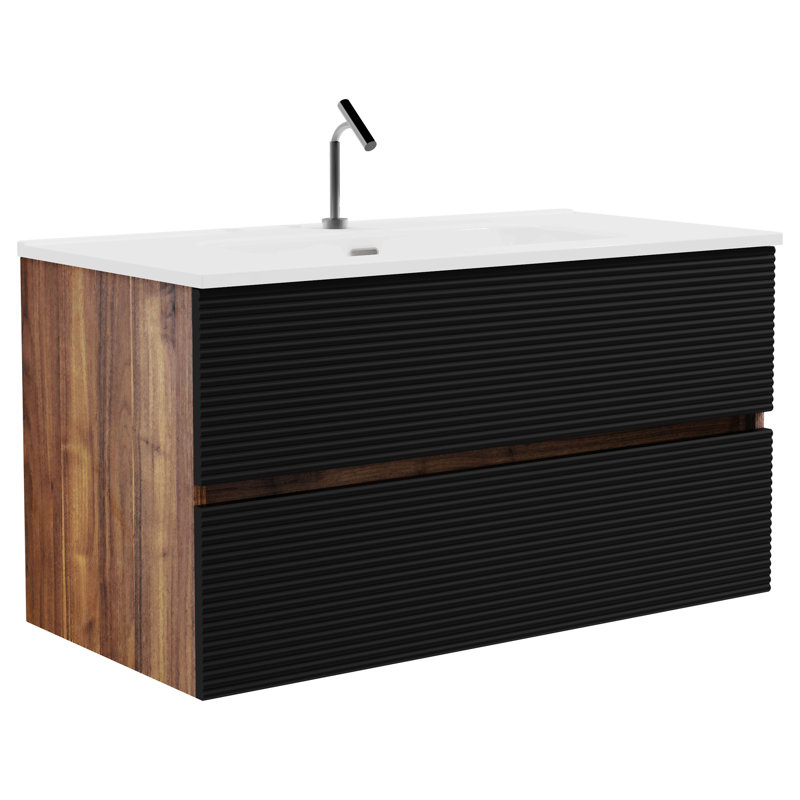 Ensemble de meuble-lavabo 30 po avec lavabo, avec deux portes et meuble-lavabo avec tablette de rangement ouverte à droite, bois massif, sans les robinets