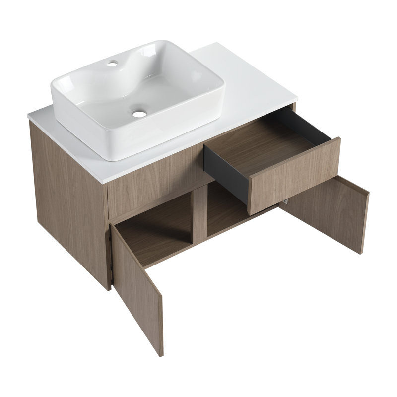 Meuble-lavabo mural 32 po avec lavabo en céramique et panneau plat en PVC, 2 portes à fermeture douce et 1 tiroir, emballage KD, panneau de particules