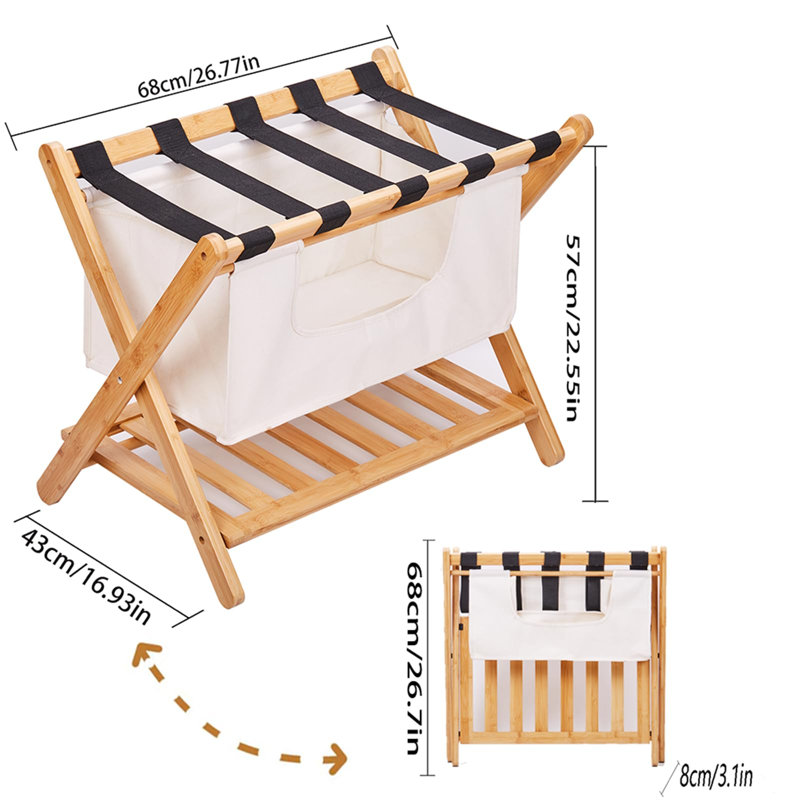 Porte-bagages pliable avec tablette de rangement et sac à linge