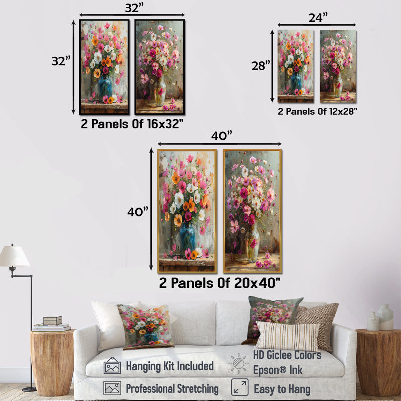 Rose et blanc bouquet d'or dans un vase I - ensemble d'art mural 2 boutons d'or, H 28 po x l 24 po, Cadre flottant érable