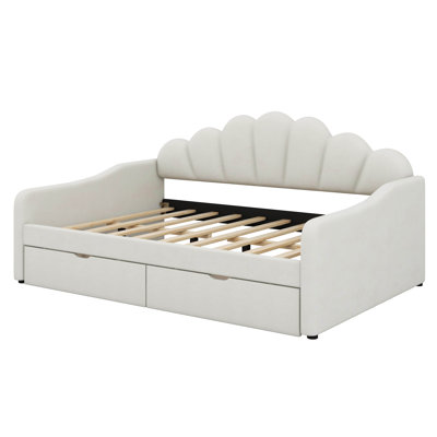 Full Size Upholstered Sofa Day Bed With Shall Shaped Backrest & Storage Drawers, Platform Bed With Wood Slat Support