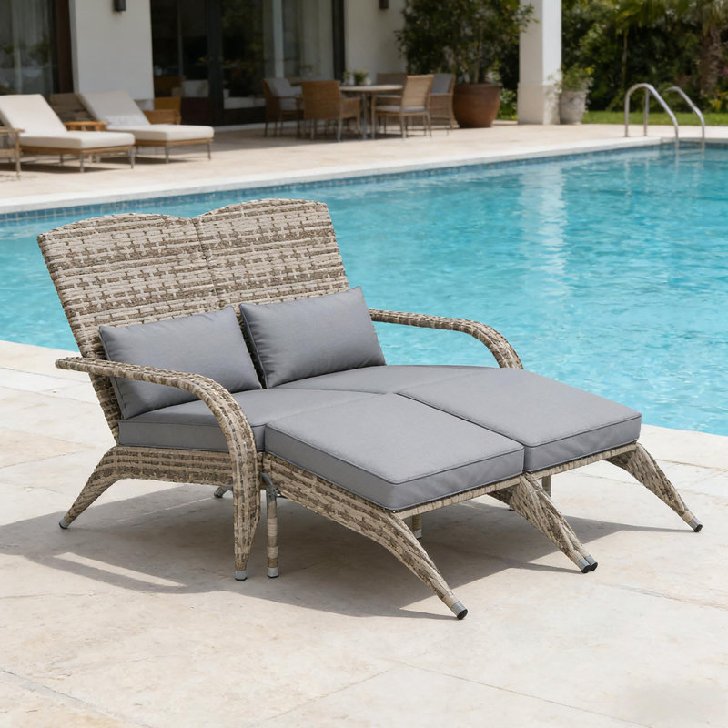 Chaise longue d'extérieur avec dossier haut, Coussin gris / cadre jaune